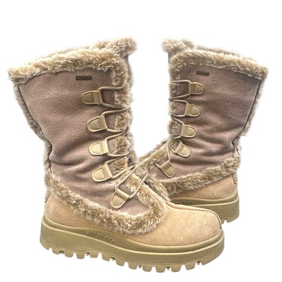 VTG Y2K Skechers Winter Boots 7 Outdoor Tan Leather Frolic Faux Fur Chunky Boho - Picture 1 of 16